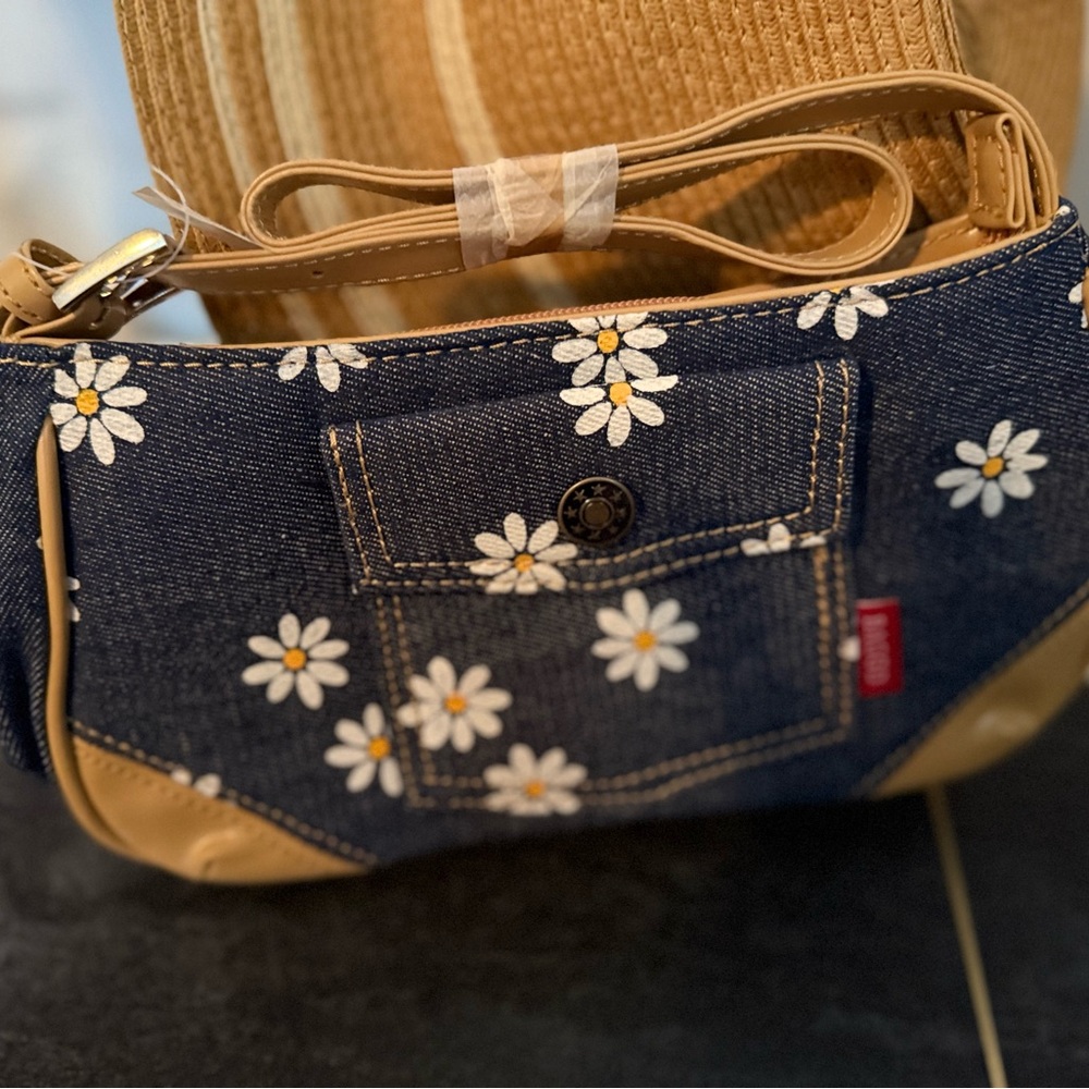 Baggo Denim Daisy Print Baguette Bag with Faux Leather Strap